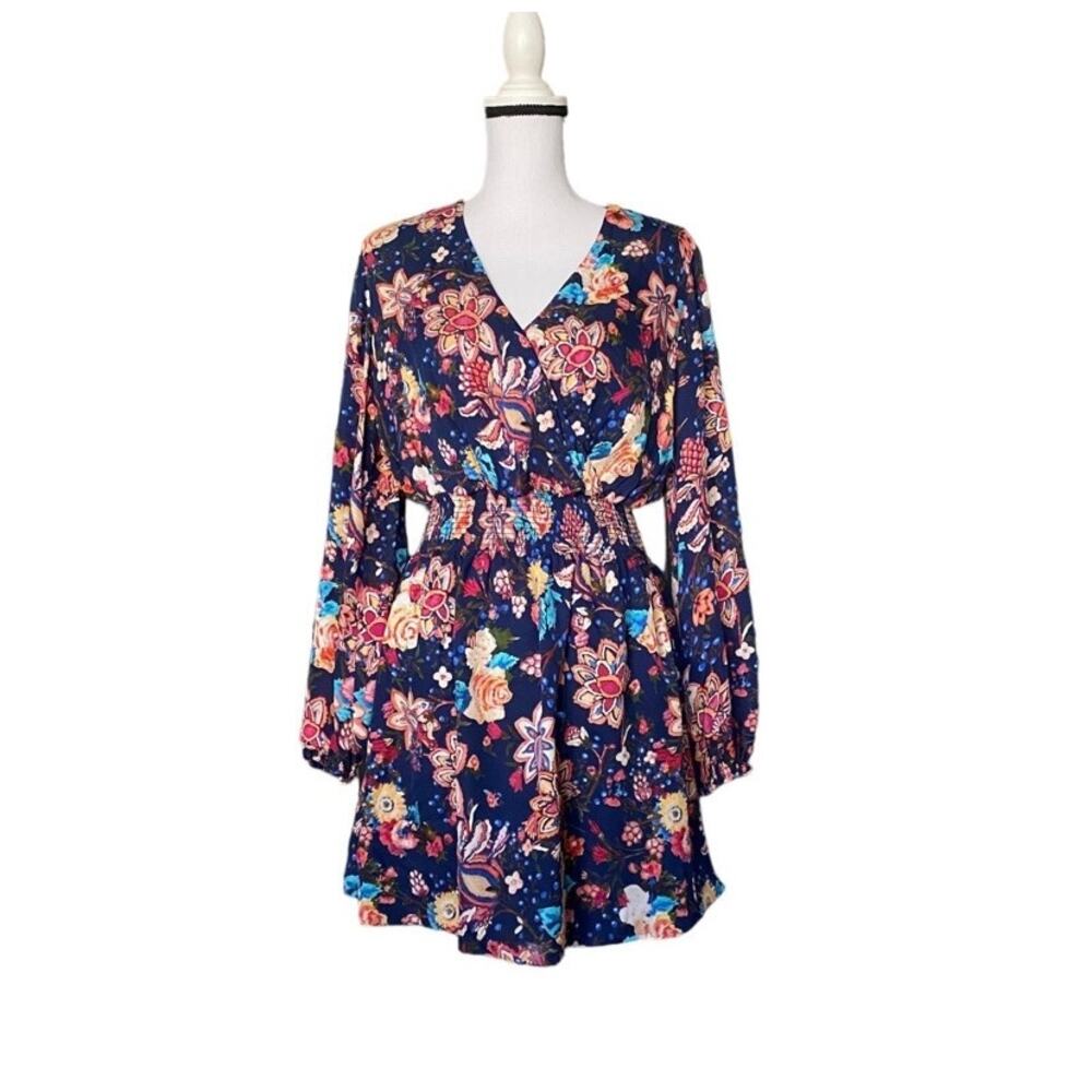 New Haute Hippie Silk Split Back Wrap Mini Dress Navy Floral Sz M Long Sleeve